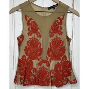 For Love & Lemons Red Floral Lace Nude Illusions Sheer Mesh Peplum Tank Top Sz S